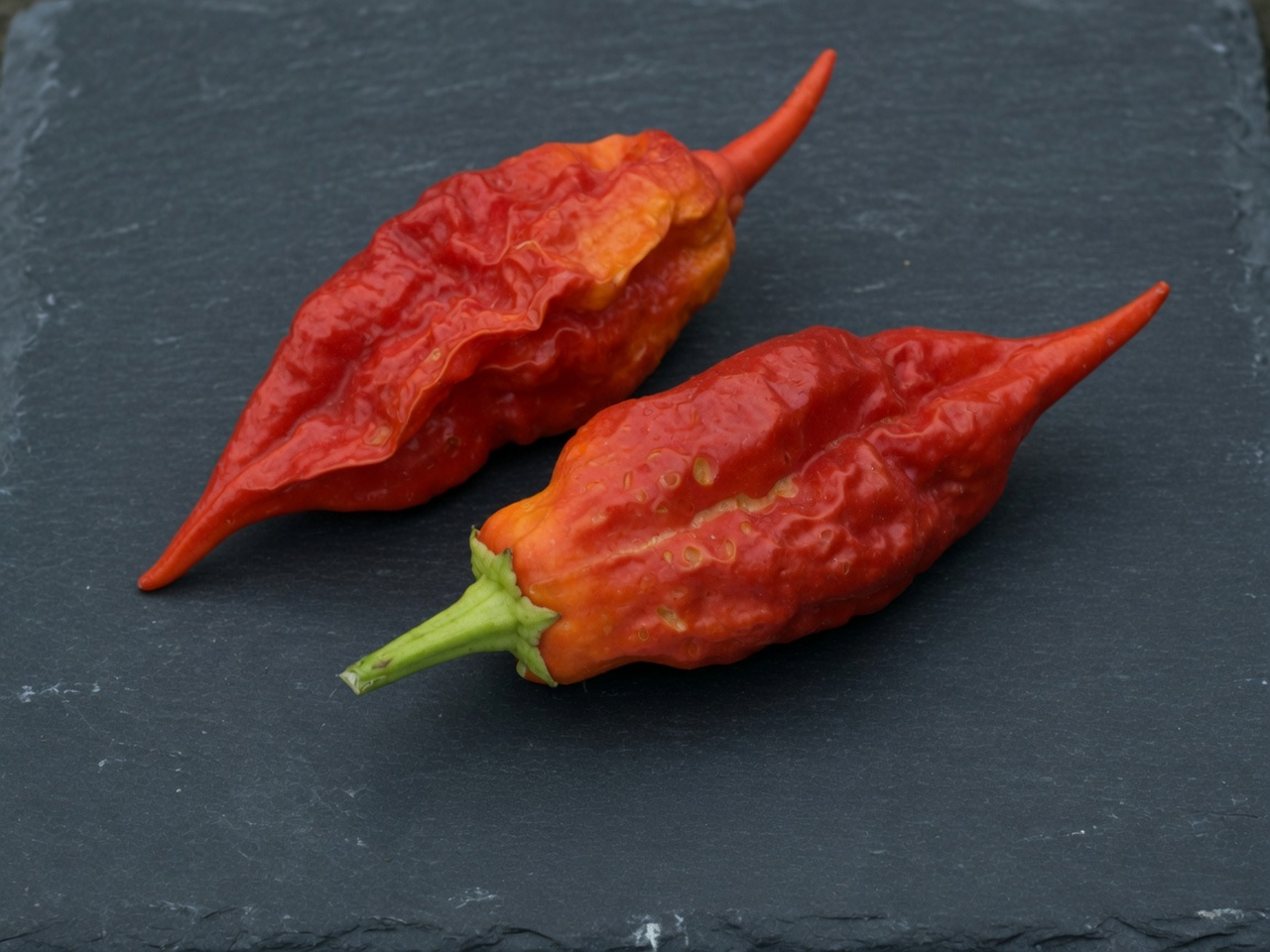 Bhut jolokia (ghost) identification photo: wrinkled tapering red-orange Capsicum chinense pods with thin walls and pointed tips on dark slate.