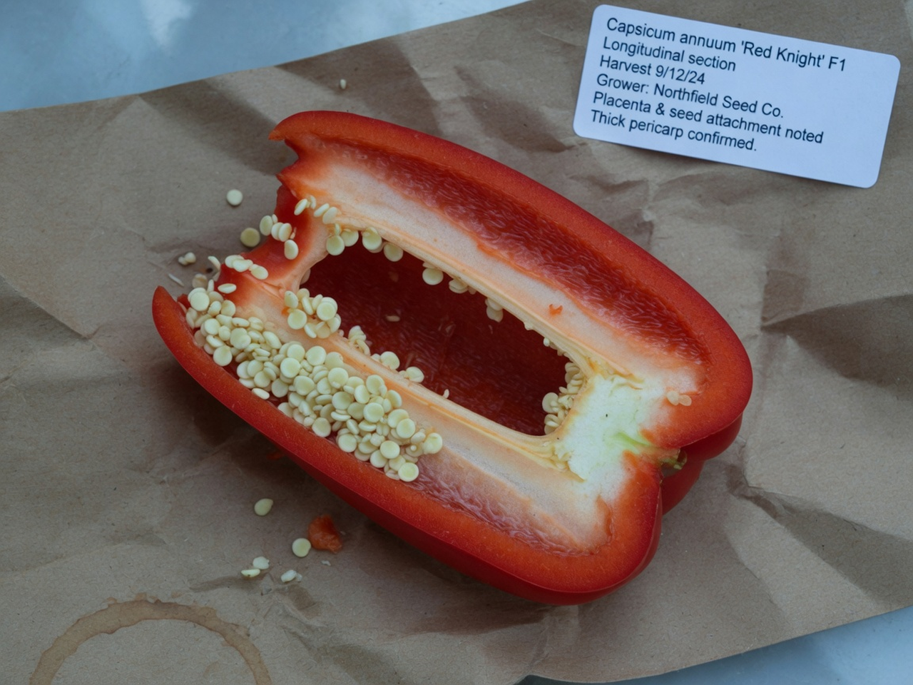 Longitudinal cut of a ripe red Capsicum pod showing placenta, attached seeds, and pericarp on kraft paper.