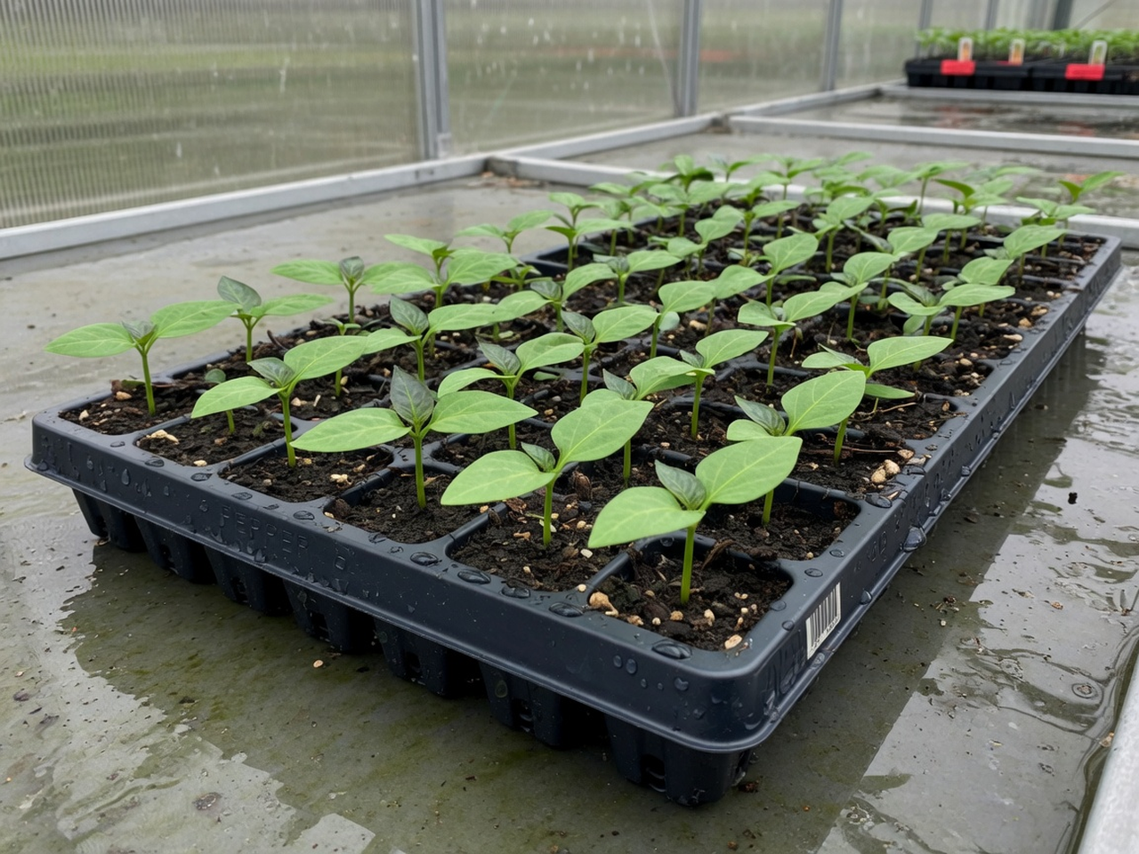 Capsicum seedlings in a cell tray: cotyledons plus first true leaves